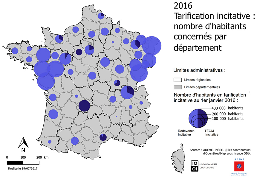 Carte de la répartition de la tarification incitative par habitant et par département français en 2016